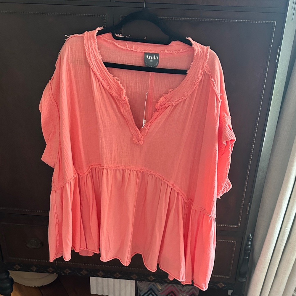 ARULA Coral Pink Peasant Tunic Top